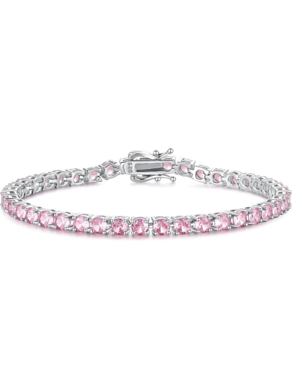 Women's 7.2 Inch 4mm Pink Sterling Silver Birthstone Gemstone Bracelet